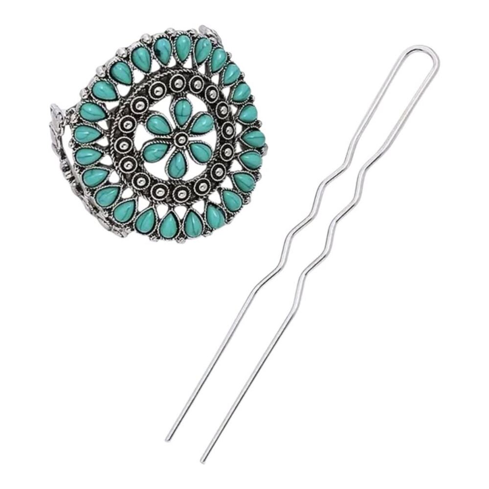 Western Chic Turquoise Hair Pins Silver Accents - Boho Statement NEW